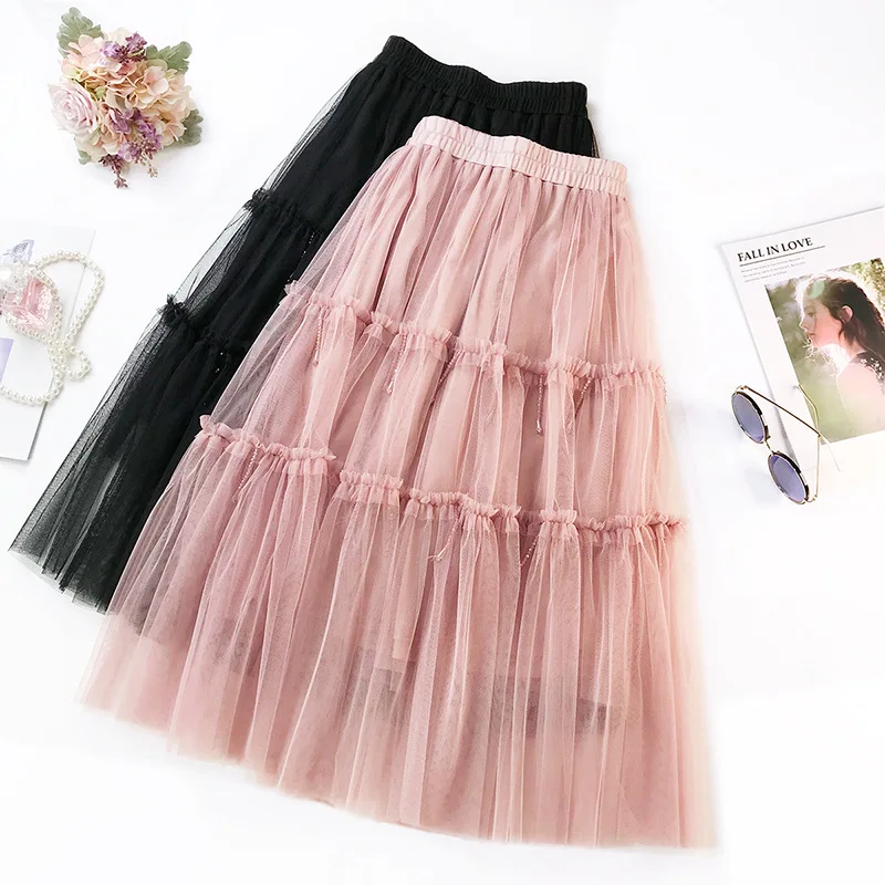 

HLBCBG Spring New Pleated Long Tulle Women Skirts Mesh Tutu Pencil Skirt Elastic High Waist Party Design Ruffles Skirts Vadim