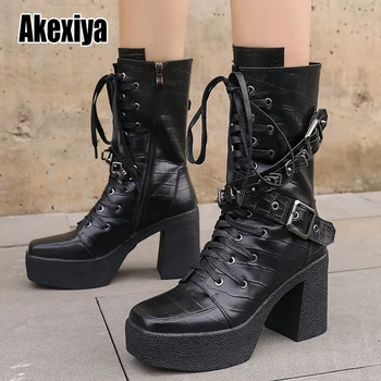

High quality Motorcycle boots Genuine Leather Mid-Calf Boots Women fashion Boots black Thick sole platform Military Shoes w110