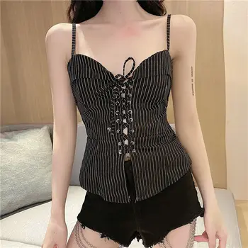 

COIGARSAM Sexy Striped Shirt Womens tops Hollow Out Spaghetti Strap Women shirts Black Stripe 3624