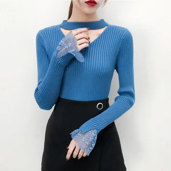 

Thicken Bag Core Yarn Sweater Female Lace Splicing Sleeve Half Gao V Collar Slim Fit Pullover Knitting Shirt