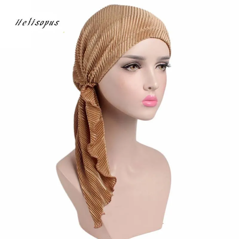 

Helisopus New Women Long Tail Scarf Folded Cap Muslim Ruffle Hat Chemo Cap Ladies Beanie Turban Pre-Tied Bandanas