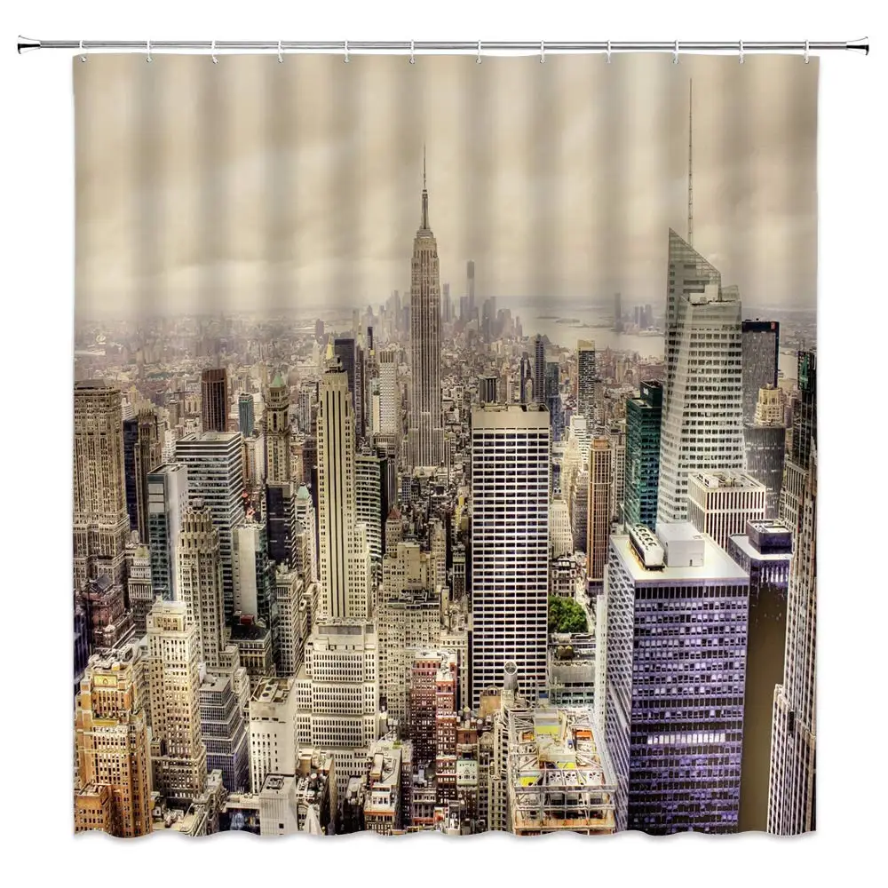 New York Shower Curtain Decor Skyscrapers Skyline Modern Metropolis Aerial View Brown Fabric Bath Curtains Bathroom Accessories | Дом и сад