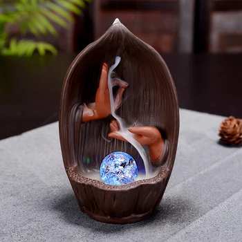 

The RGB Light Backflow Incense Burner Bergamot Cone Incense Holder Living Room Decoration Zen Ceramic Monk Set Ornaments