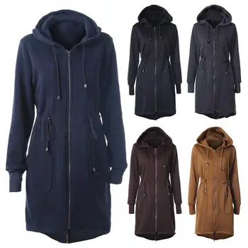

Women Autumn Winter Long Sleeve Pockets Warm Midi Drawstring Coat Hooded Jacket