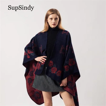 

SupSindy Winter scarf flower cape Thick warm Shawl wrap Cashmere wool scarves for women luxury cloak fashion poncho female stole