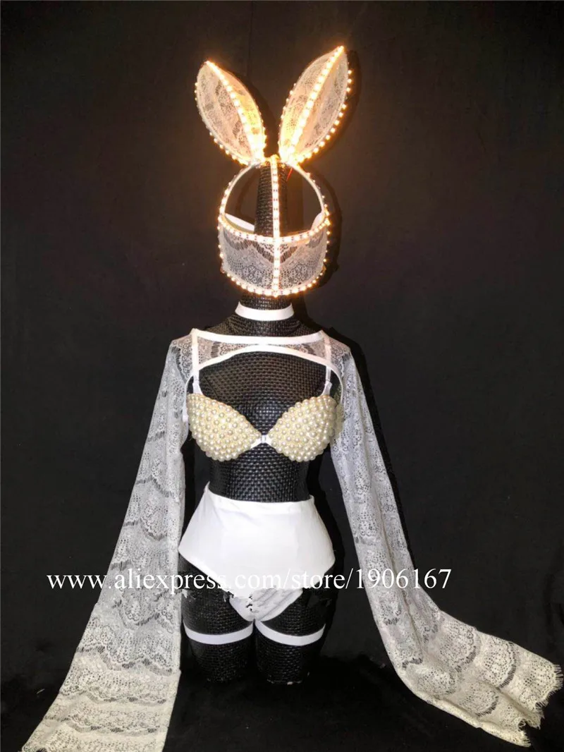 Nightclub bar female singer guest dance team LED lace rabbit pearl suit costume08