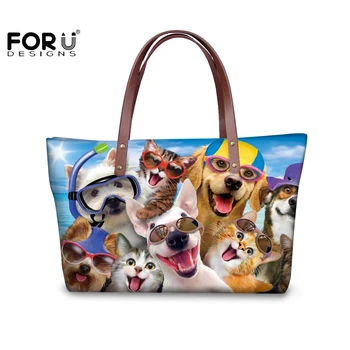 

FORUDESIGNS Cute Shopper Bags Animales Seamless Pattern Puppies And Kittens Womens Handbags Big For Daily Necessities Traveling