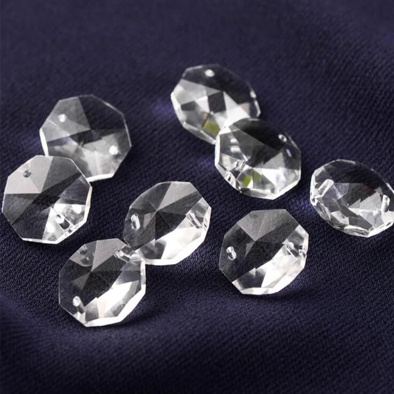 

50pcs 14mm Crystal Chandelier Octagon Beads with Metal Ring 2 Holes Glass Bead Light Lamp Parts Curtain Accessories Home Decor