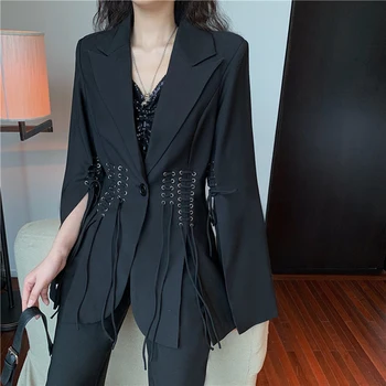 

Outwear Slim Waist Women Blazer Black Female Suit Jacket Lapel Long Sleeve Button Bandage Split 2020 Spring Blazer Vs038