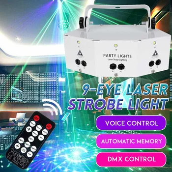 

Laser Projection Lamp DMX 9 Eyes Laser Strobe Pattern Remote RGB Night Headlight Projector Light for Disco KTV Club Stage Party
