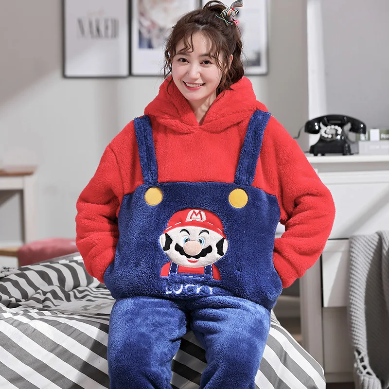 Mario women Зимняя пара фланелевых пижам с милыми животными из мультфильмов, Женский пижамный комплект, плотная теплая плюшевая ткань, пижама с длинным рукавом, домашняя одежда - Цвет: Mario women