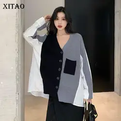 XITAO тонкая женская блузка Женская корейская мода новая Лоскутная 2019 Осенняя Лоскутная элегантная повседневная рубашка с карманом GCC1509