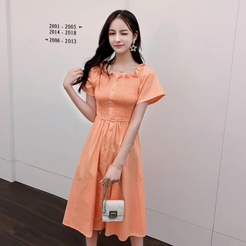 

COIGARSAM Short Sleeve Women dress Summer Slash neck High Waist Dresses Orange 9368