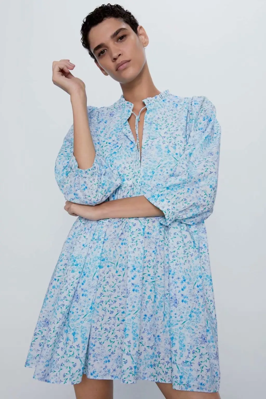 European and American 2020 spring summer printed poplin 3/4 sleeve dress women |