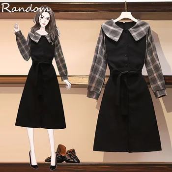 

Plus Size Women Vintage 90S Black Piald Party Dress Autumn 2020 New Long Sleeve High Waist Shirt Peter pan Collar Cute Dresses