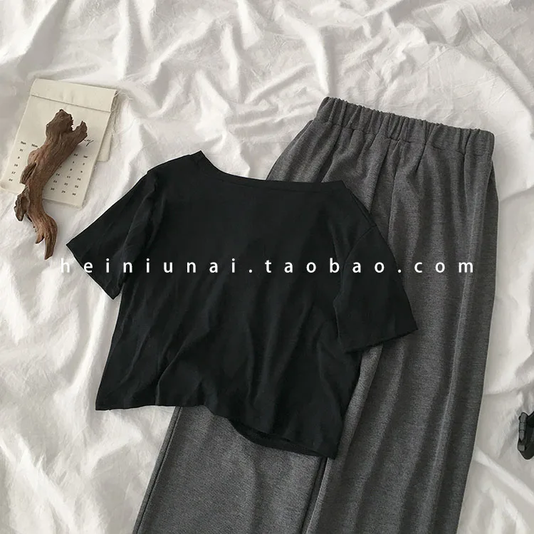 Casual Long Pant Set Women Short Sleeve T-shirt + Elastic High Waist Harem Pant Trouser Matching Set