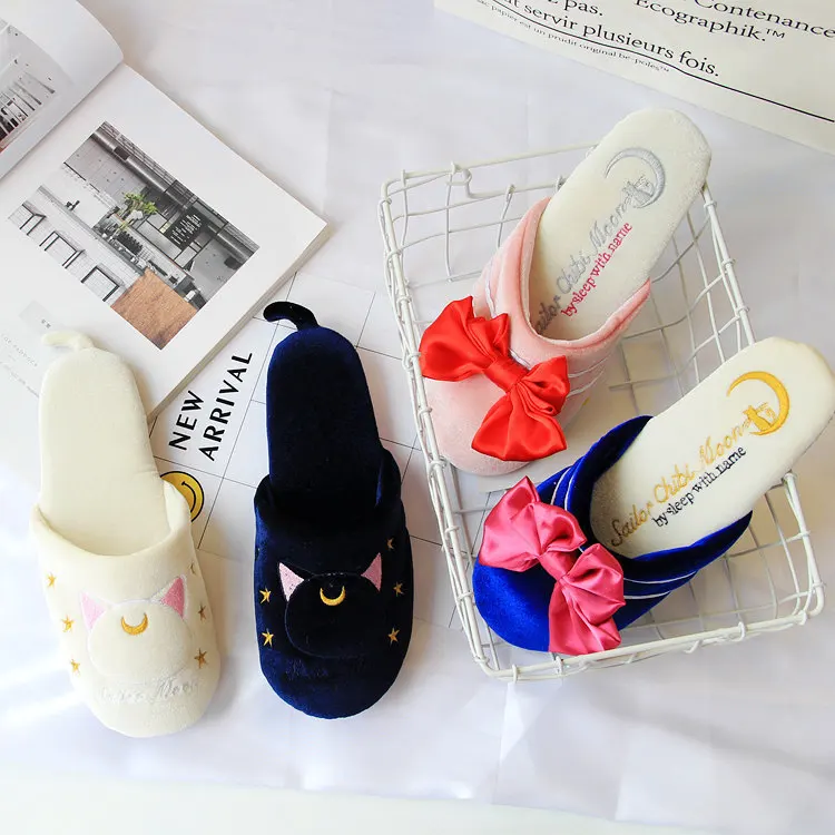 

Sailor Moon The Cat Luna Bowknot Cute Home Cotton Soft Flannel Slipper Indoor Daily Non-slip Floor Girl's Shoes Gift Cosplay