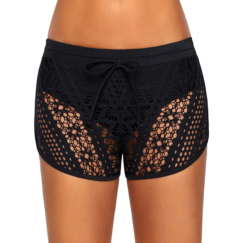 

Sexy Women Swim Bottom Fishnet Hollow Out Solid High Waist Swim Shorts Pants Swimwear Black/Dark Blue