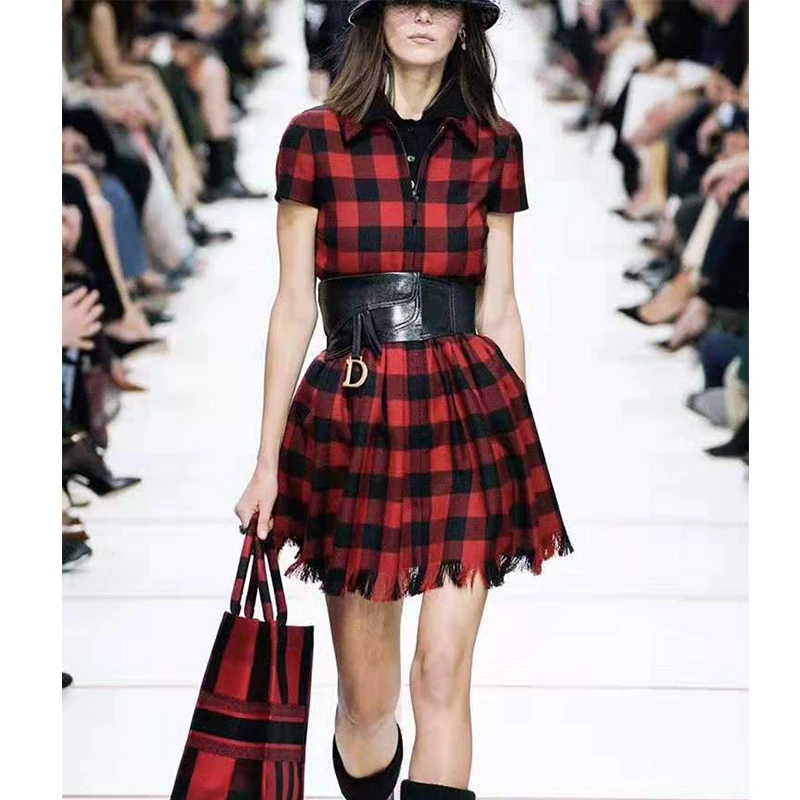 

Cosmichic Autumn Winter 2019 Red Plaid Short Dress Shirt Zipper Dress Runway Vintage Gothic Modis Elegant Christmas Party Dress