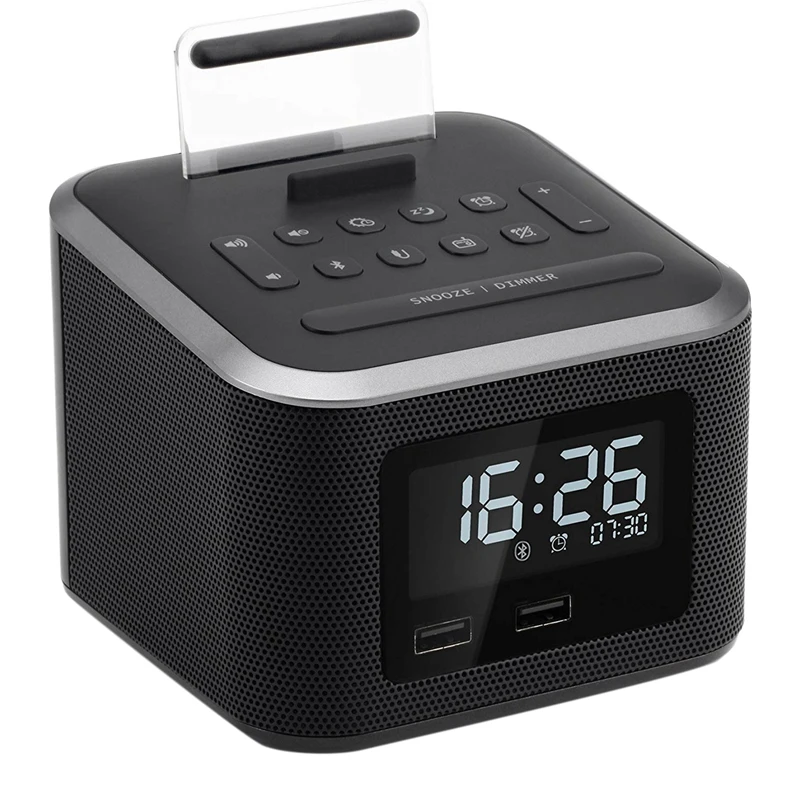 Get  Wireless Bluetooth Audio Dual USB Mobile Phone Charging Base FM Alarm Clock Mini Audio