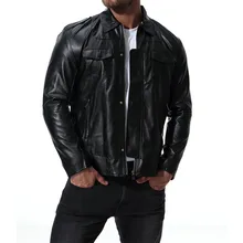 Осенняя и зимняя мужская повседневная однотонная черная с длинными рукавами тонкая кожаная верхняя одежда из искусственной кожи со стоячим воротником и карманами на молнии