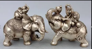 

zhmui88002840919++9" Chinese Silver Auspicious Animal Elephant Heffalump Kid Calabash Ruyi Pair