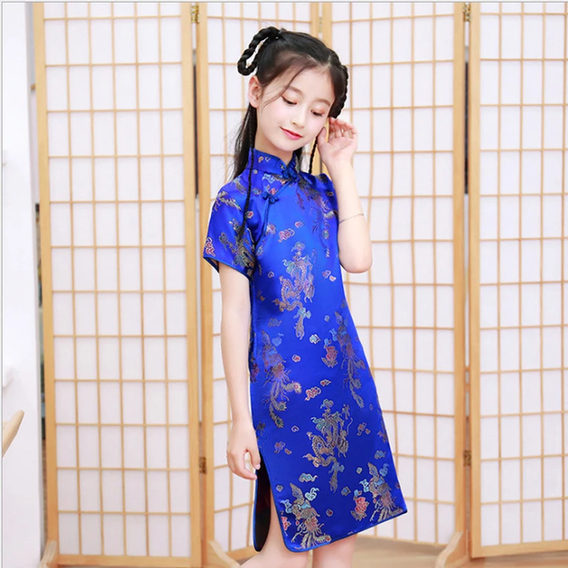 사랑스러운 소녀 부드러운 새틴 cheongsam 드레스 귀여운 공주 소녀 드레스 키즈 파티 공 가운 드레스 새해 cheongsam 의류