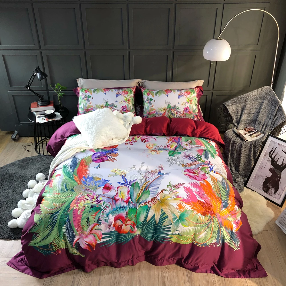 

Luxury Egyptian Cotton Bedding Set 4pc Floral Leaves Duvet Cover Set Flat Sheet Bed Quilt Linen King Queen Size
