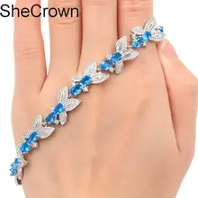 Pretty Париж, голубой топаз Белый CZ SheCrown серебряный браслет 7,5-8,0 дюйма 21x11 мм