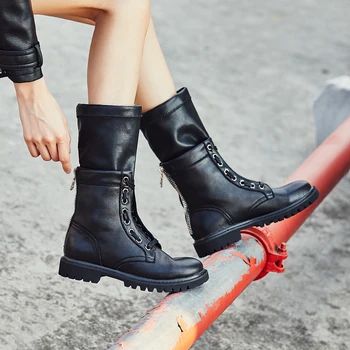 

full grain leather winter boots women shoes black military boots mid-calf boots female genuine boots Martin Motorcycle booties