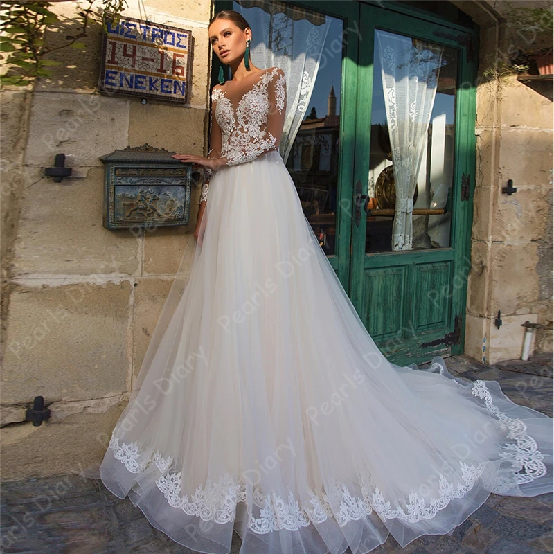 Cheap-Elegant-Tulle-A-line-Wedding-Dresses-for-Bridal-White-Ivory-O-neck-Long-Sleeve-Applique