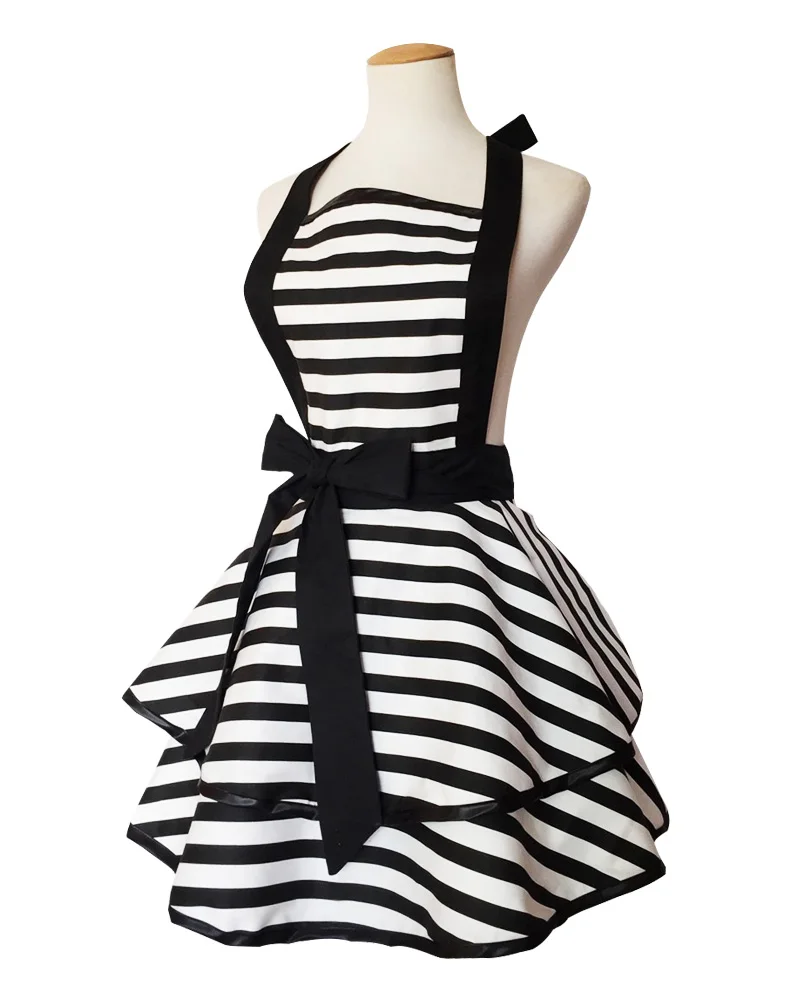Vintage Retro Black White Striped Double Layer Cooking Pinafore Apron for Women Girl BBQ Baking Pastry Work Clothes C1A5