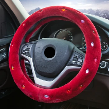 

2020 New Winter Plush Car Steering Wheel Cover Colorful Artificial Diamond Cute Women Girls for 37-38cm Steering Wheel