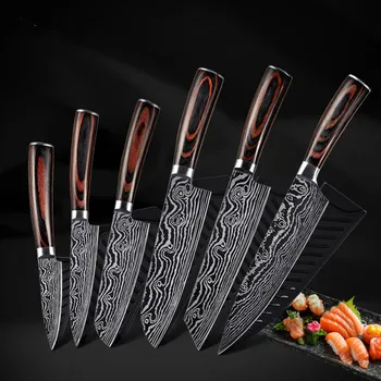 

Kitchen Knives 6/9pcs Set Damascus Auspicious Cloud Pattern Kitchen Cooking Tool Chef Deboning Santoku Utility Slicing Knife