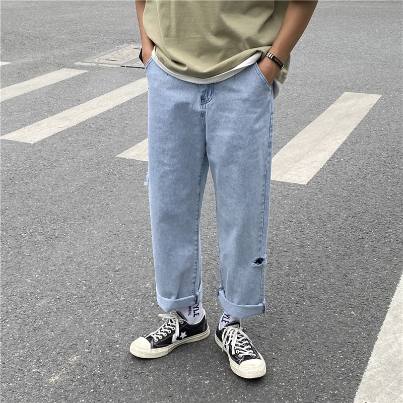 

Summer Straight Jeans Men's Fashion Washed Retro Casual Ripped Jeans Men Streetwear Wild Loose Hole Denim Pants Mens S-3XL