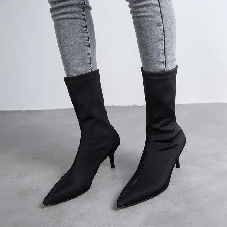 

black beige microfiber stretch mid Calf Boots Women 2019 pointed toe thin Heel women shoes sexy High Heel Booties woman