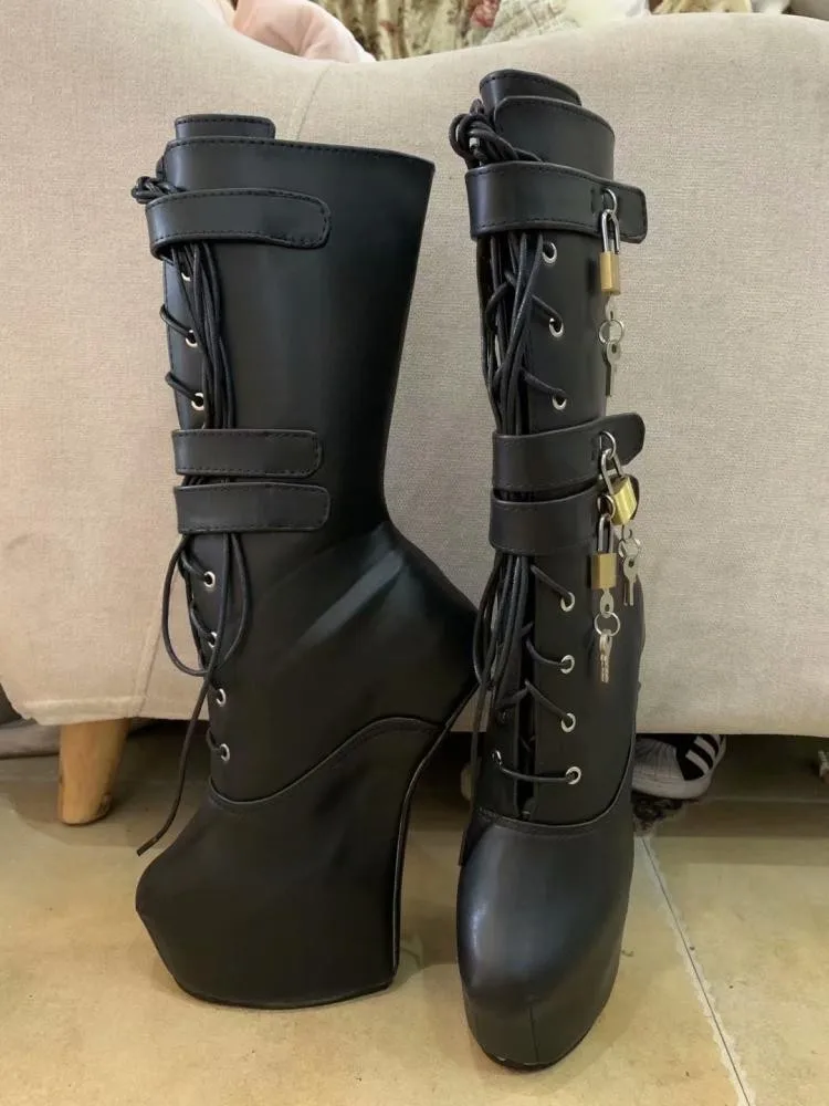 Botas negras de piel sintética para Mujer, zapatos de media caña, tacones  de herradura, tacones de plataforma, Pole Dance, Sexy, 18cm|Botas a media  pantorrilla| - AliExpress