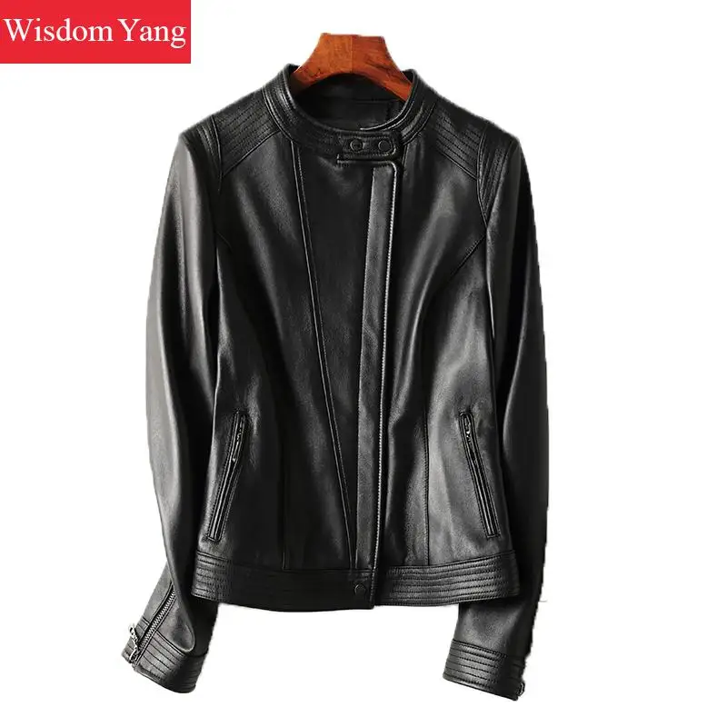  Black Sheepskin Genuine Leather Biker Jackets Coats Womens Stand Outerwear Overcoat Moto Gothic Fur