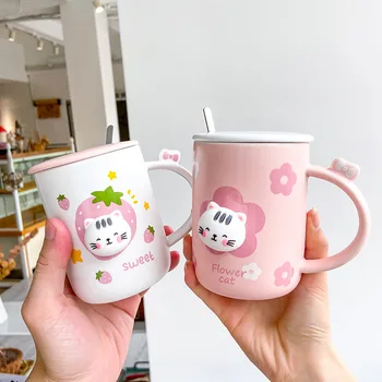 

400ML Korea Creative Cartoon Cute Three-dimensional Cat Ceramic Cup with Lid and Spoon Girl Heart Mark Cup Household Water Cup