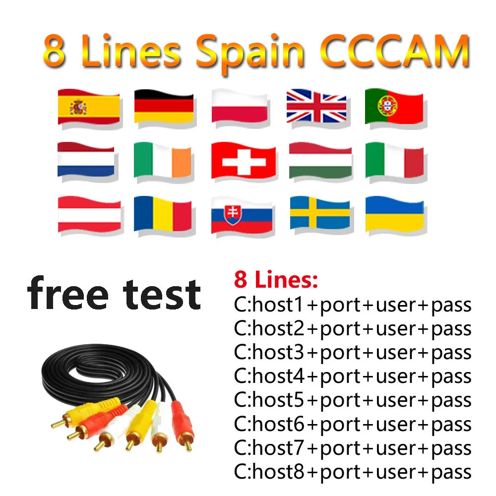 

Spain Receptor Cccams 6Lines For 1 Year Spanish Work For Freesat V7 GTMeida V8 Nova DVB-S2 Satellite Receiver Europe Channels