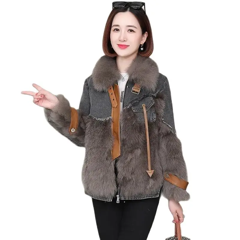 

Overcoat Parka Cowboy Women's Coat New Autumn Winter Fashion Imitate Fox Raccoon Hair Fur Short High-End All-Match Ladies Jacket