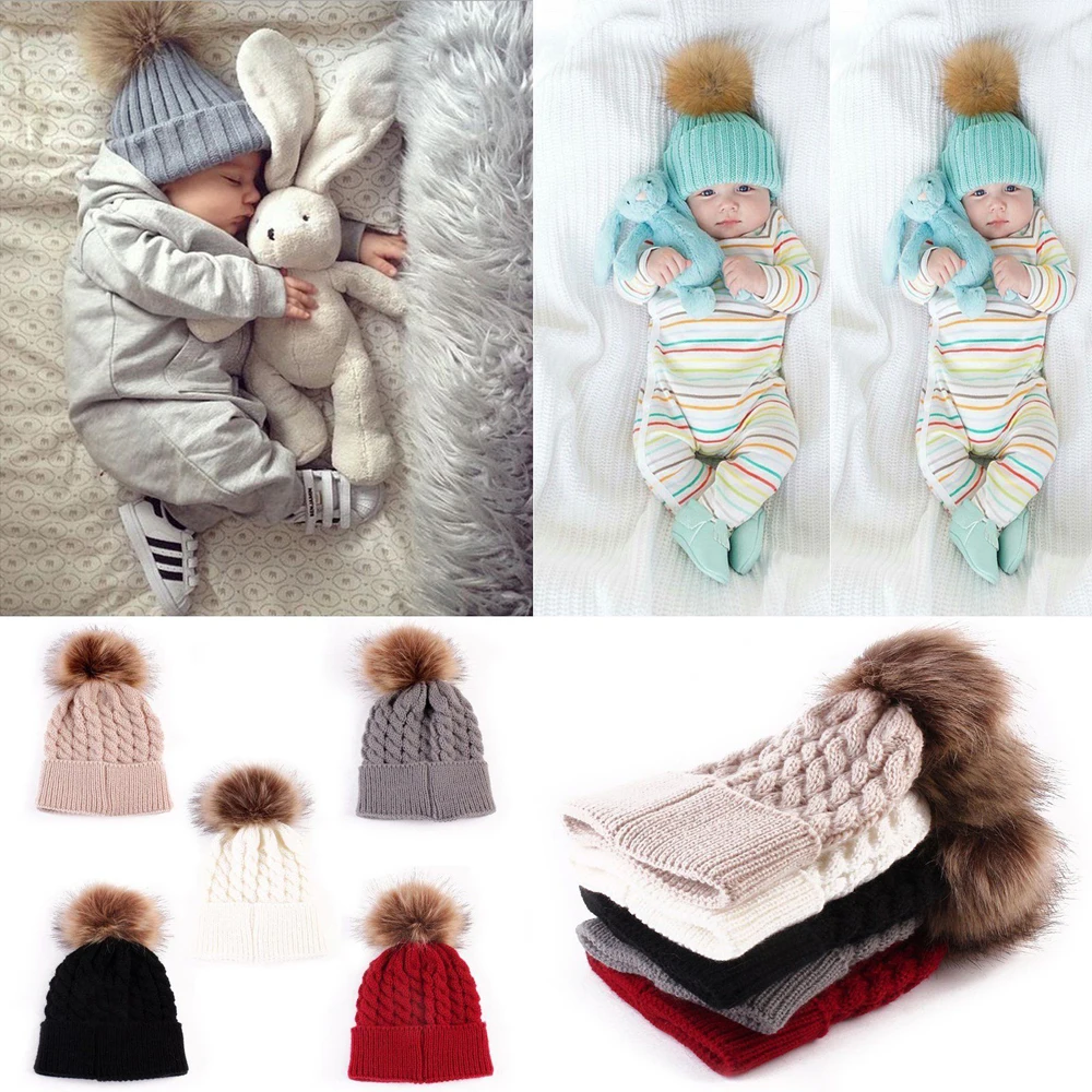 

Newest Hot Newborn Girls Boys Winter Warmer Wool Fur Kids Cap Pompom Ball Baby Knitted Cotton Hat 0-36M