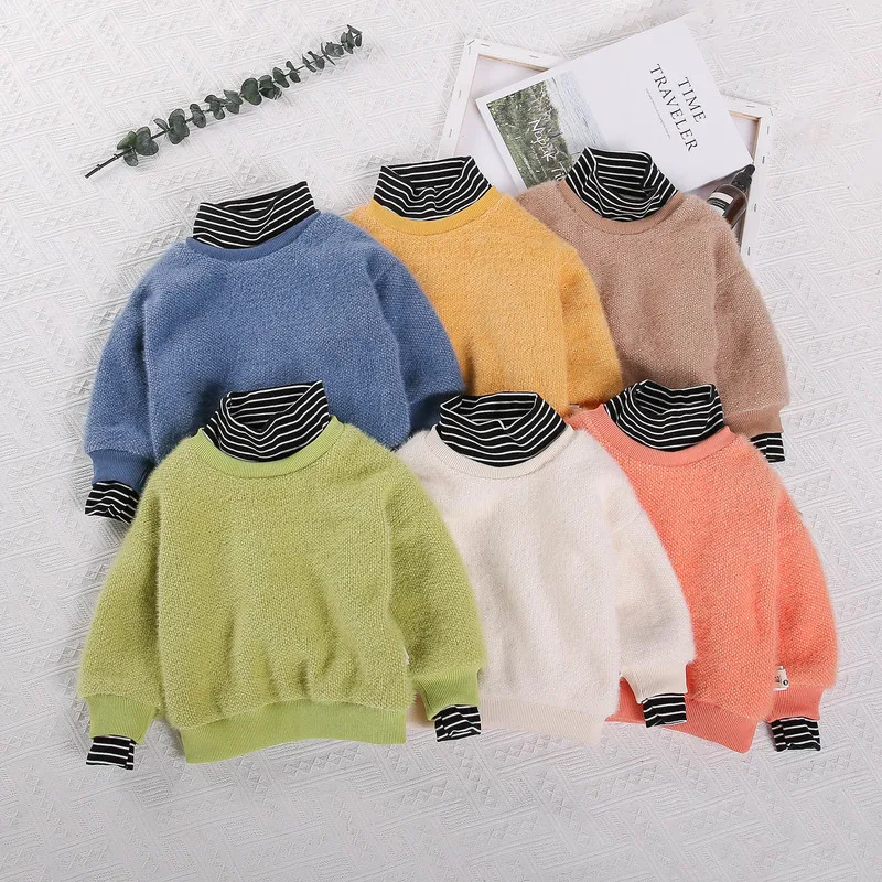 Winter Warm Thick Fleece Boys /Girls Sweaters Striped Splicing Kids Pullover Long Sleeve T-shirts Toddler Blouse