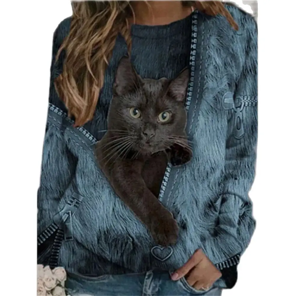 Ladies 3D Cartoon Cat Print T Shirt Women O-Neck Long Sleeve Loose T Shirts New Spring Casual Oversized Tops 2022