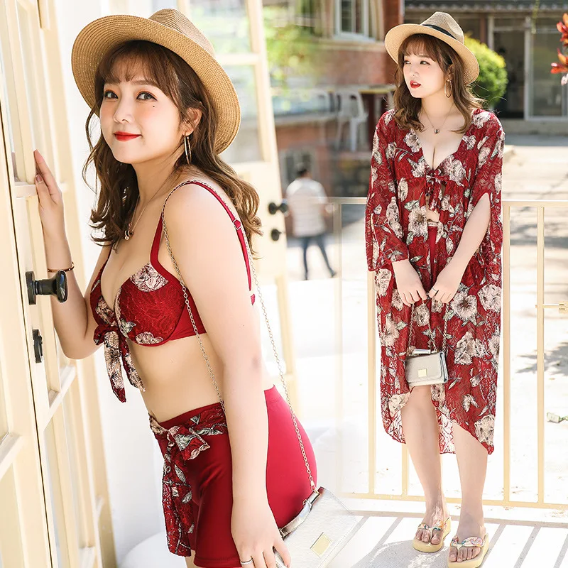 

Large Size Sexy Bathing Suit Women's Boxer Bikini Three-piece Set Fat Mm Hot Springs Slimming Large Bust Underwire Push up Swimw