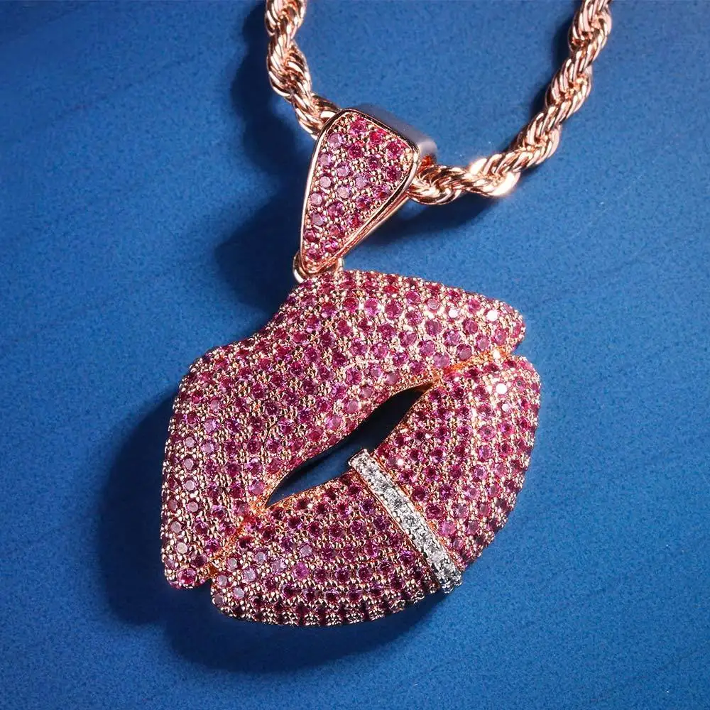 DNSCHIC Iced Out Сексуальная Красная подвеска губы розовое золото CZ хип-хоп кулон ожерелье хип-хоп ювелирные изделия для мужчин и женщин Рэппер