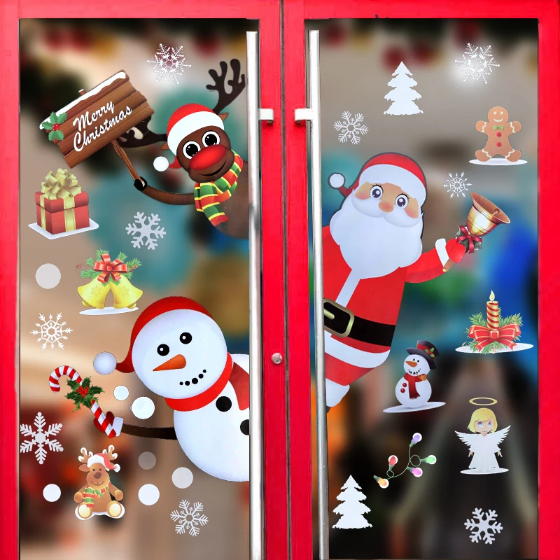 

2Pcs/set Christmas Home Decoration For Door Stickers Window Santa Claus Snowflake New Year's Eve Decorations 2021