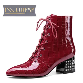 

MLJUESE 2021 women Ankle boots Cow leather Winter short plush Pointed Toe Zipper Crystal High heels female boots size 41