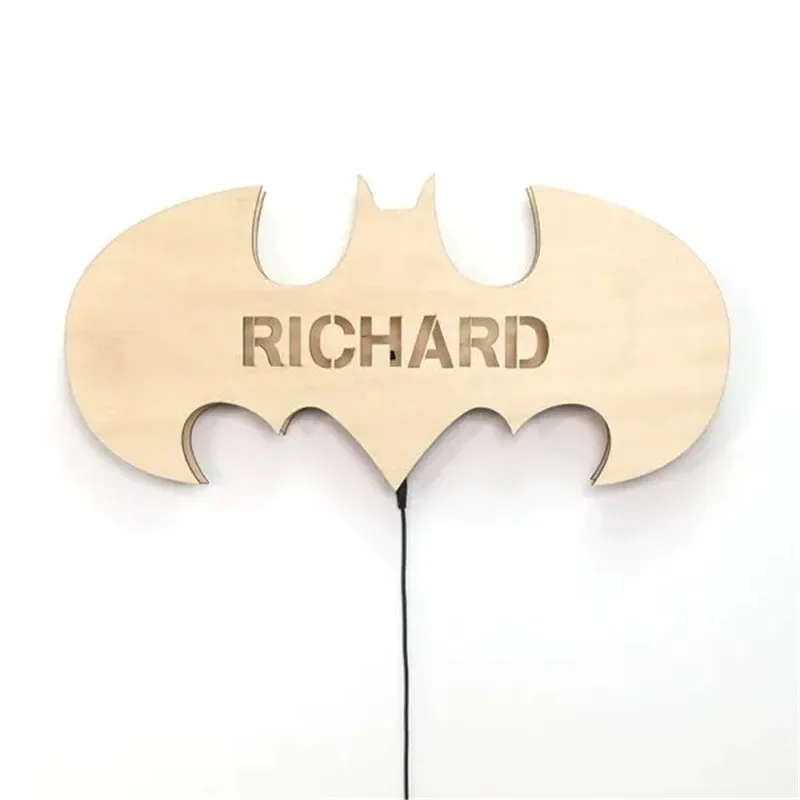 Details about   Bat Night Light Gift for Children Personalized Name Wooden Batman LED Lamp Decor 