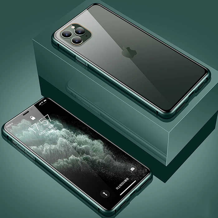 Двусторонний Магнитный чехол для iPhone 11 Pro Max, чехол на 360 °, полностью защищающий металлический чехол для телефона, стеклянная задняя крышка для iPhone 11 Pro, чехол - Цвет: Зеленый